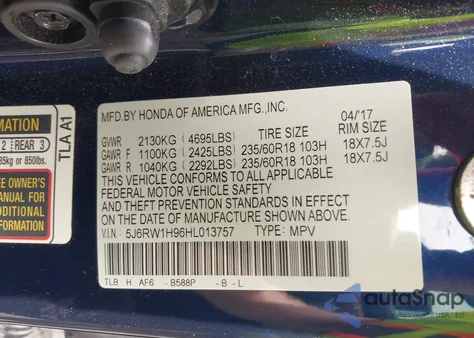 2017 Honda Cr-V Touring из США, поврежденный, VIN 5J6RW1H96HL013757